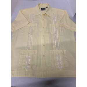 Vintage 70s 80s Haband Guayabera Cuban Wedding Shirt Mens L Yellow Short Sleeve